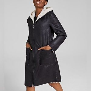 DKNY Hooded Faux-Shearling Coat, Zipped, Black Knee-Length Winter Jacket, XXSP